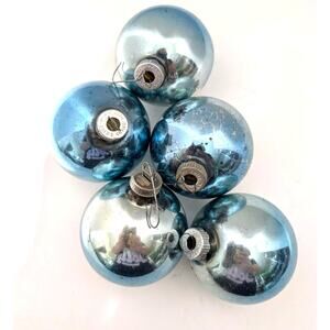 Vtg Lot of 5 Shiny Brite Aqua Glass Ornaments Medium Sized Crackled Patina